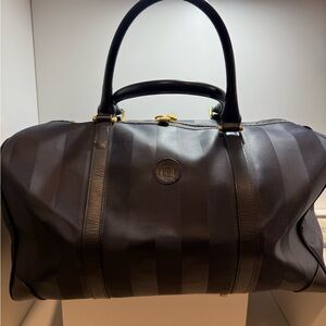 Fendi Zucca Logo Pecan Stripe Navy Boston Bag